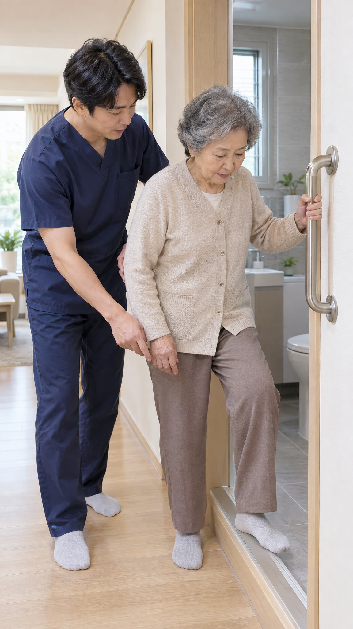손잡이를 잡고 화장실 문턱을 넘는 어르신을 선생님이 뒤에서 지키는 장면